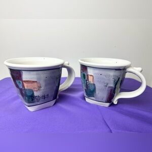 Studio Pottery Mugs SET/2 Geometric Artist‎ Signed Modern Abstract Square Bottom